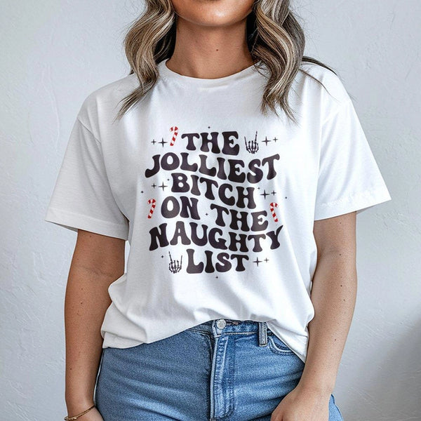 Humorous Christmas Retro Graphic Tee, Jolliest Bitch on the Naughty List T-Shirt, Sarcastic Holiday Party Shirt, Festive Humo
