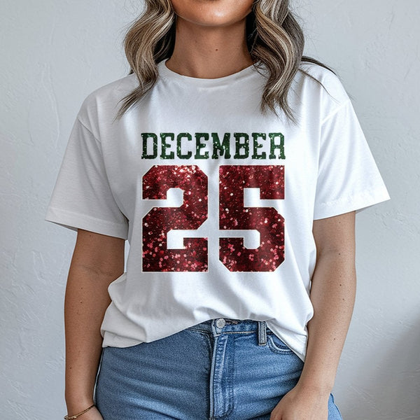 Red Glitter Holiday Shirt, December 25 Christmas T-Shirt, Festive Xmas Graphic Tee, Winter Holiday Season T-Shirt, Christmas 