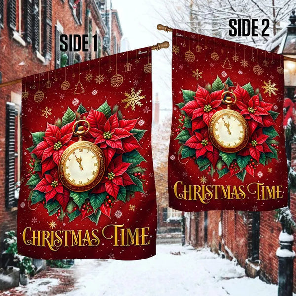 Poinsettia Clock Christmas Flag, Most Wonderful Time of the Year Garden Flag, Double Sided Holiday Garden Flag, Festive Lawn 