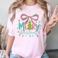 Coquette Tree Bow Graphic Tee, Bright Neon Christmas Tree T-Shirt, Trendy Merry Christmas Shirt, Festive Holiday Party Top