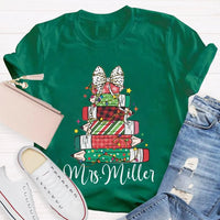 Colorful Crayons Bows Holiday Shirt, Personalized Christmas T-Shirt, Custom Name Kids Xmas Graphic Tee, Festive School Party Shirt
