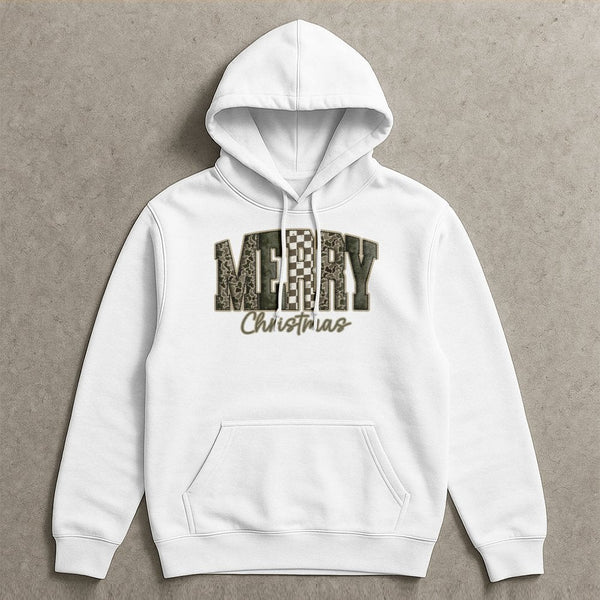 Checkerboard Holiday Sweatshirt, Merry Christmas Camo Hoodie, Camouflage Xmas Hoodie, Winter Graphic Pullover, Christmas Pres