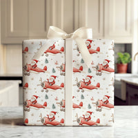 Watercolor Aviation Christmas Gift Wrap, Santa Flying Airplane Wrapping Paper, Vintage Red Plane Wrapping Paper, Pilot Holiday Gift Wrap