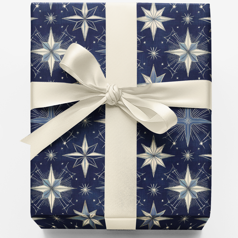 Celestial Winter Noel Gift Wrap, Midnight Blue Star Wrapping Paper, Starlit Sky Christmas Paper, Hanukkah Holiday Gift Wrapping Paper