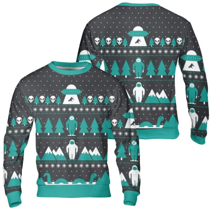 Bigfoot Alien Nessie Holiday Sweater, Cryptid Ugly Christmas Sweatshirt, Cryptozoology Graphic Crewneck, Humorous Monster Pullover Sweatshirt
