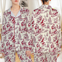 Vintage Santa Satin Pajamas Set, Christmas Santa Toile Pajamas, Holiday Loungewear Sleepwear Set, French Toile Pajamas, Present for Her