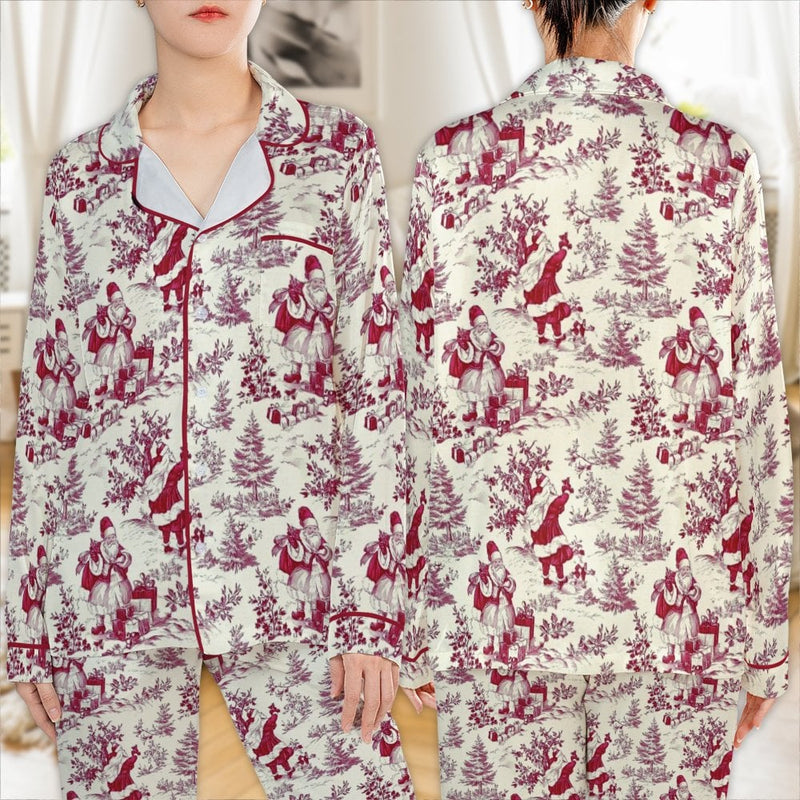 Vintage Santa Satin Pajamas Set, Christmas Santa Toile Pajamas, Holiday Loungewear Sleepwear Set, French Toile Pajamas, Present for Her