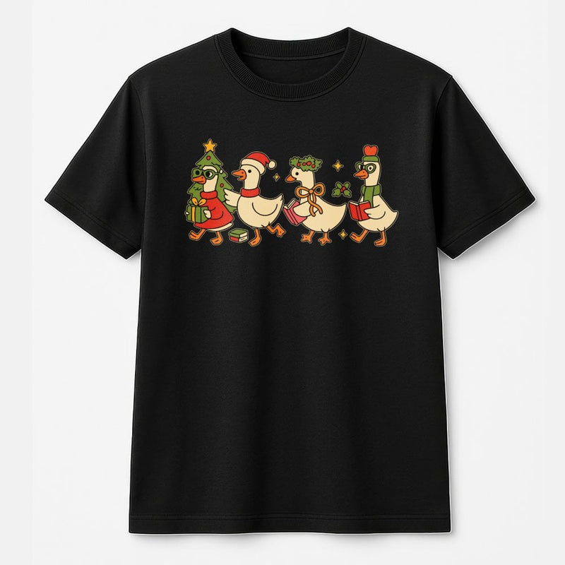 Adorable Holiday Goose Graphic Tee, Christmas Duck T-Shirt, Humorous Christmas Duck Wearing Santa Hat Shirt, Teacher Winter Holiday T-Shirt