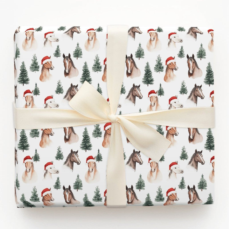 Equestrian Santa Hat Gift Wrap, Christmas Horse Wrapping Paper, Watercolor Horse Wrapping Paper Roll, Winter Animal Holiday Gift Wrap