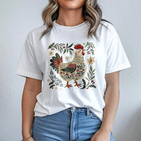 Folk Art Rooster Holiday Graphic Tee, Christmas Chicken T-Shirt, Farmhouse Winter Country T-Shirt, Festive Chicken Lover Xmas Present