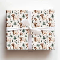 Rustic Winter Calf Gift Wrap, Highland Cow Christmas Wrapping Paper, Farmhouse Pine Tree Wrapping Paper, Watercolor Cow Holiday Gift Wrap