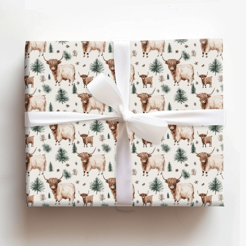 Rustic Winter Calf Gift Wrap, Highland Cow Christmas Wrapping Paper, Farmhouse Pine Tree Wrapping Paper, Watercolor Cow Holiday Gift Wrap