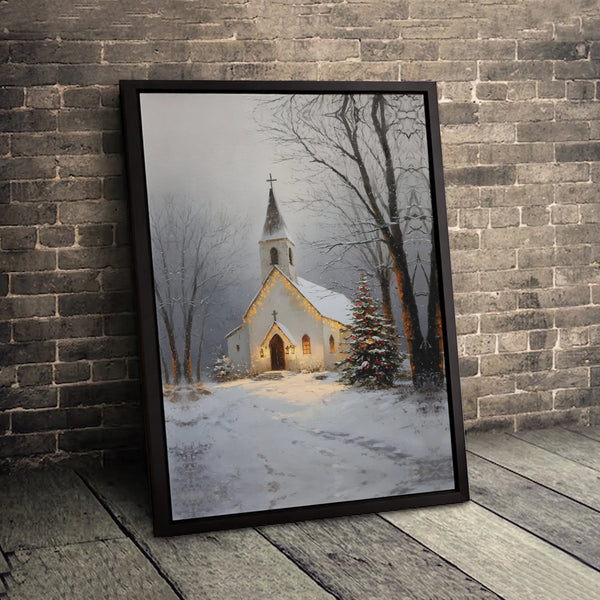Snowy Christmas Tree Scene Canvas Print, Winter Church Canvas Wall Art, Comfy Rustic Chapel Canvas Art, Holiday Season Wall D