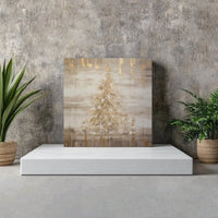 Abstract Gold Leaf Holiday Pine Painting, Gold Christmas Tree Square Canvas, Elegant Winter Canvas Print, Festive Christmas Home Decor