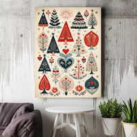 Folk Art Winter Forest Wall Art, Scandinavian Christmas Tree Canvas, Nordic Holiday Tree Print, Retro Christmas Tree Canvas Art