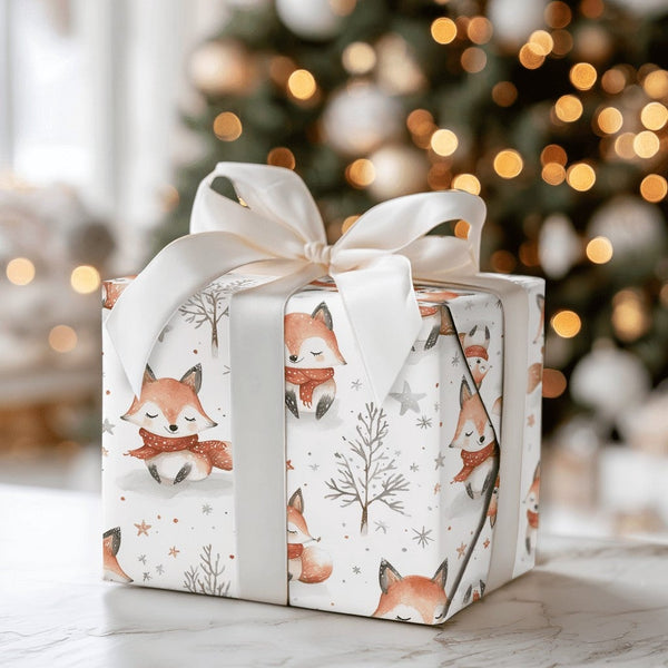 Watercolor Woodland Fox Gift Wrap, Winter Fox Wrapping Paper, Forest Animal Wrapping Paper, Adorable Holiday Gift Wrap, Chris