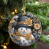 Gold and Silver Floral Snowman Ornament, Elegant Snowman Christmas Ornament, Ceramic Holiday Tree Ornament, Festive Winter Decor Present