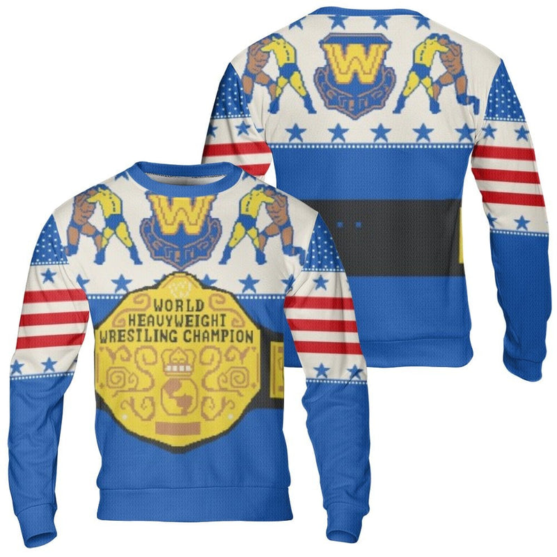 Retro Pixel Art Wrestling Belt Sweatshirt, Wrestling Championship Ugly Sweater, Humorous Wrestling Ugly Christmas Sweater, Retro Xmas Crewneck