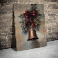 Pine Bough Red Bow Poster, Vintage Christmas Bell Wall Art Digital Download, Rustic Holiday Painting Print, Farmhouse Xmas Wall Decor Present
