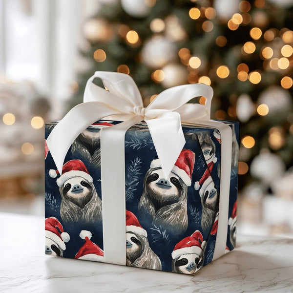 Santa Hat Animal Holiday Gift Wrap, Christmas Sloth Wrapping Paper, Whimsical Navy Winter Wrapping Paper, Festive Present Wra