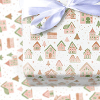 Whimsical Christmas Village Wrapping Paper, Pastel Gingerbread House Gift Wrap, Holiday Winter Present Paper, Xmas Gift Wrapping Paper Roll