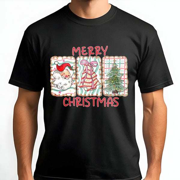 Vintage Merry Christmas Graphic Tee, Retro Santa and Tree T-Shirt, Nostalgic Xmas Holiday Shirt, Winter Season Graphic Top