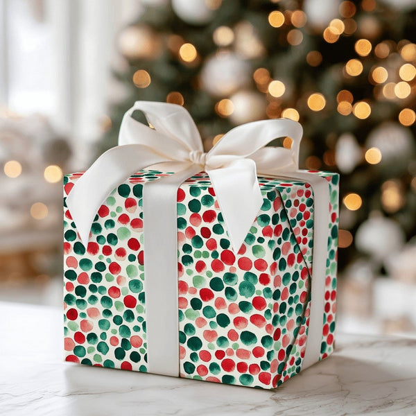 Festive Holiday Gift Wrap Paper, Watercolor Polka Dot Christmas Wrapping Paper, Winter Present Paper, Adorable Xmas Gift Wrap