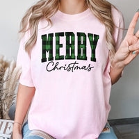 Green Buffalo Plaid Holiday Shirt, Merry Christmas T-Shirt, Retro Varsity Lettering Graphic Tee, Festive Winter T-Shirt, Family Xmas Present
