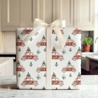 Classic Holiday Tree Gift Wrap, Vintage Red Car Christmas Wrapping Paper, Retro Auto Christmas Wrapping Paper, Seasonal Present Packaging