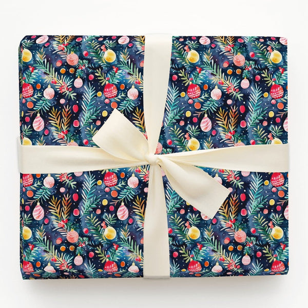 Navy Pine Branch Gift Wrap, Watercolor Ornament Wrapping Paper, Festive Christmas Ornament Wrapping Paper, Holiday Present Pa