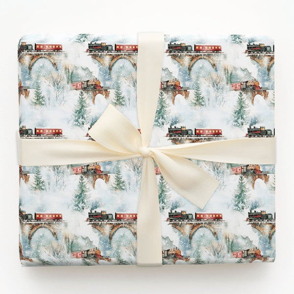 Vintage Winter Landscape Gift Wrap, Steam Train Wrapping Paper, Watercolor Locomotive Present Paper, Nostalgic Christmas Holi
