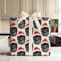 Santa Hat Dog Gift Wrap, Black Pomeranian Christmas Wrapping Paper, Festive Puppy Xmas Wrapping Paper, Dog Lover Holiday Gift Wrapping Paper