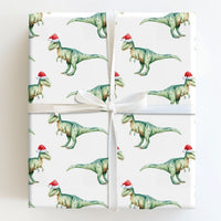 Watercolor TRex Dinosaur Gift Wrap, Dinosaur Christmas Wrapping Paper, Santa Hat Dinosaur Wrapping Paper, Kids Holiday Dinosaur Gift Wrap