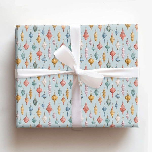 Powder Blue Christmas Gift Wrap, Vintage Ornament Wrapping Paper, Watercolor Holiday Wrapping Paper, Antique Ornament Gift Wr