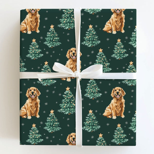 Green Holiday Dog Gift Wrap, Golden Retriever Christmas Wrapping Paper, Winter Retriever Wrapping Paper, Christmas Tree Dog P