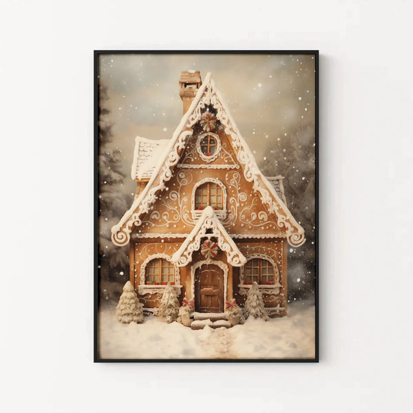 Vintage Christmas Watercolor Print, Gingerbread House Wall Art, Festive Holiday Baker Poster, Cottagecore Christmas Decor Pre