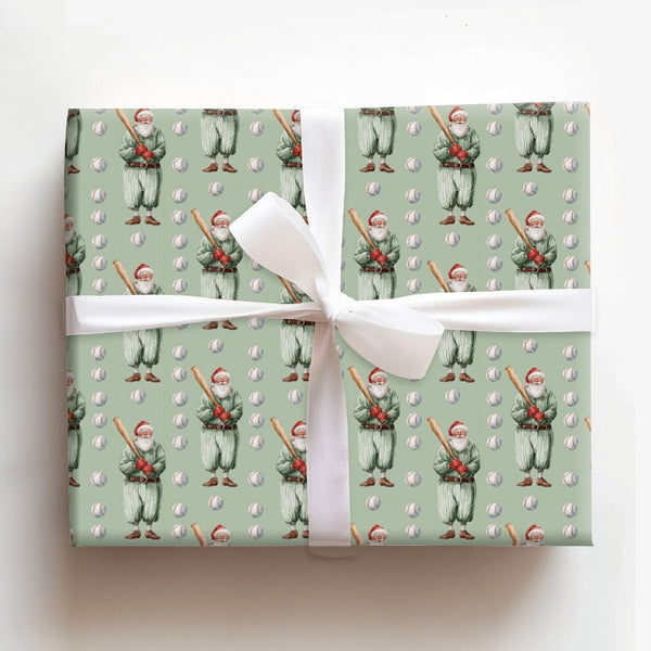 Vintage Baseball Gift Wrap, Baseball Santa Wrapping Paper, Sage Green Holiday Wrapping Paper, Sports Fan Christmas Gift Wrap 