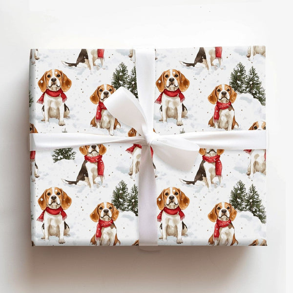 Festive Dog Holiday Wrapping Paper, Beagle Christmas Wrapping Paper, Winter Scarf Puppy Gift Wrap Roll, Beagle Gift Wrap, Dog