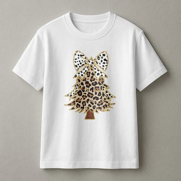 Glitzy Bow Holiday Graphic Tee, Leopard Print Christmas Tree T-Shirt, Leopard Xmas Tree Shirt, Cheetah Print Christmas T-Shir