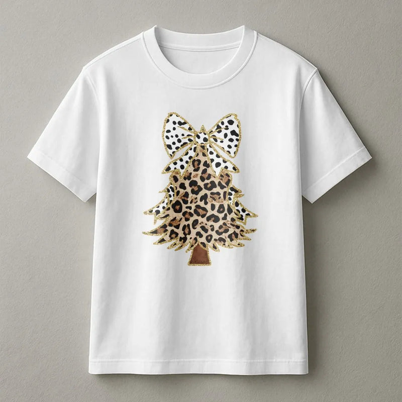 Glitzy Bow Holiday Graphic Tee, Leopard Print Christmas Tree T-Shirt, Leopard Xmas Tree Shirt, Cheetah Print Christmas T-Shirt, Xmas Present