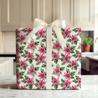 Watercolor Christmas Floral Gift Wrap, Pink Poinsettia Wrapping Paper, Pastel Botanical Wrapping Paper Roll, Elegant Holiday Present Wrap