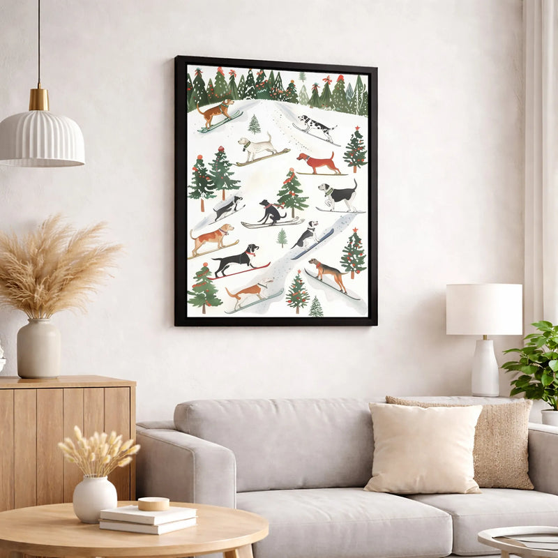 Adorable Winter Dog Canvas Print, Skiing Dogs Christmas Canvas Art, Whimsical Snow Holiday Wall Art, Festive Pet Canvas Decor, Dog Lover Present