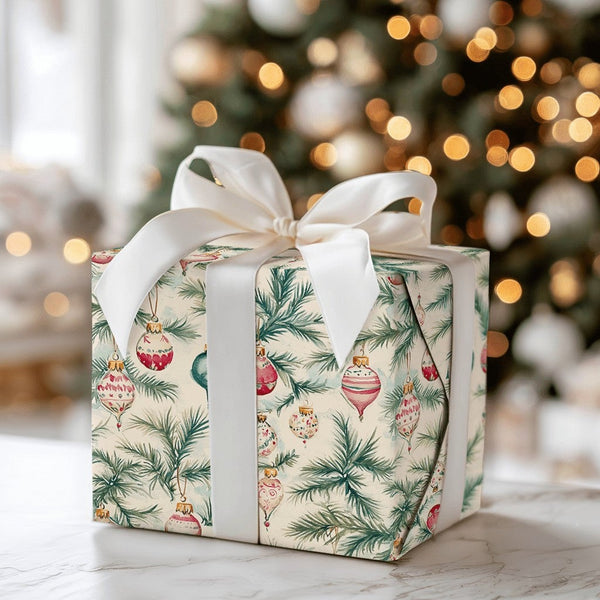 Pine Branch Watercolor Gift Wrap, Vintage Christmas Ornament Wrapping Paper, Botanical Holiday Bauble Wrapping Paper