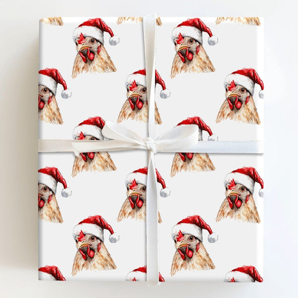 Santa Hat Farm Animal Gift Wrap Roll, Adorable Chicken Christmas Wrapping Paper, Farmhouse Holiday Wrapping Paper, Humorous H