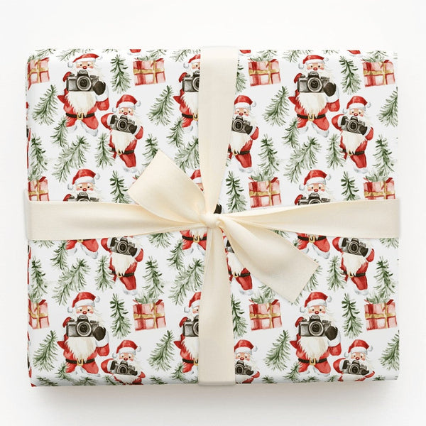Watercolor Photographer Christmas Gift Wrap, Santa with Camera Wrapping Paper, Festive Xmas Tree Wrapping Paper, Holiday Gift