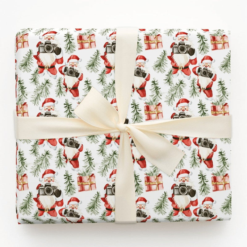 Watercolor Photographer Christmas Gift Wrap, Santa with Camera Wrapping Paper, Festive Xmas Tree Wrapping Paper, Holiday Gift Wrap Roll