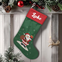 Personalized Coastal Holiday Stocking, Surfing Santa Christmas Stocking, Custom Name Christmas Stocking, Tropical Beach Christmas Stocking