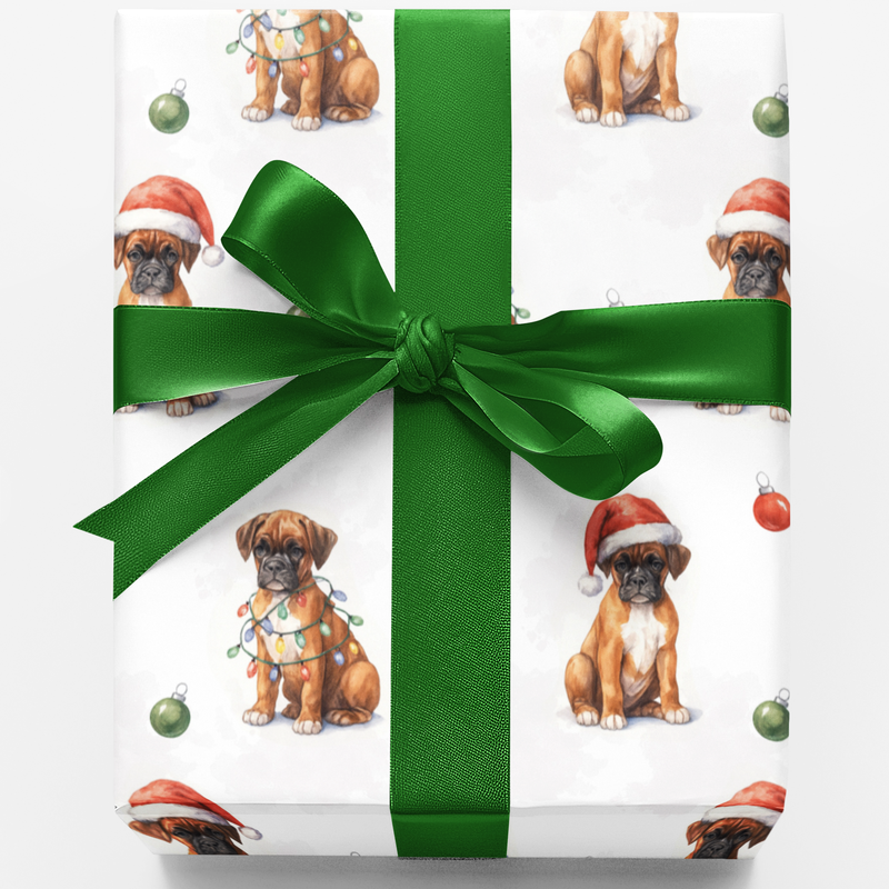 Boxer Dog Holiday Gift Wrap, Boxer Christmas Wrapping Paper, Adorable Santa Puppy Wrapping Paper, Dog Lover Xmas Present Paper, Dog Gift Wrap