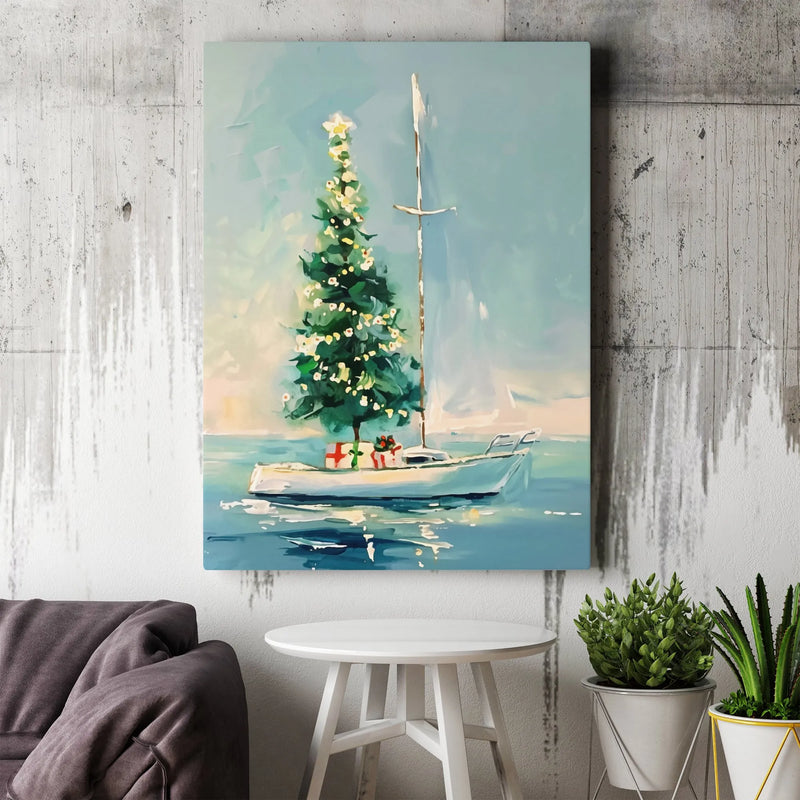 Nautical Holiday Canvas Print, Coastal Christmas Tree Sailboat Canvas Wall Art, Beach House Winter Decor, Coastal Christmas Canvas Painting