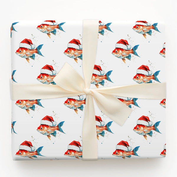 Humorous Holiday Fish Gift Wrap, Santa Goldfish Christmas Wrapping Paper, Adorable Aquatic Animal Wrapping Paper, Novelty Xma